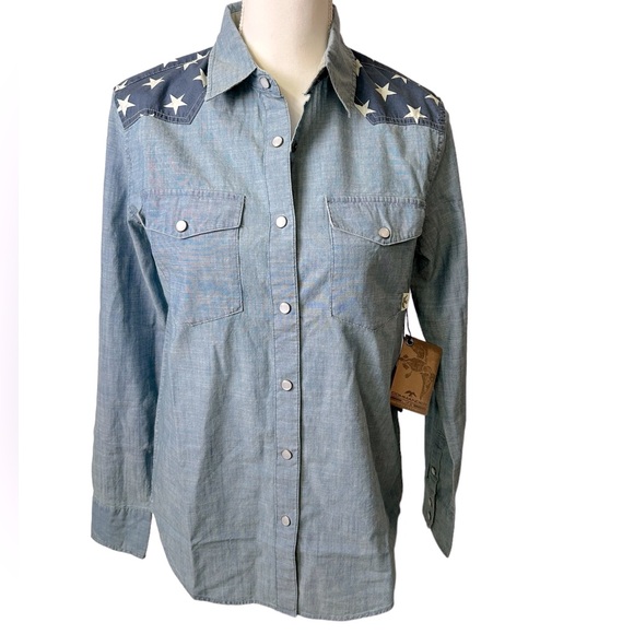 COMMANDER LIFE womens whistle chambray denim USA stars button long sleeve shirt - Picture 1 of 6